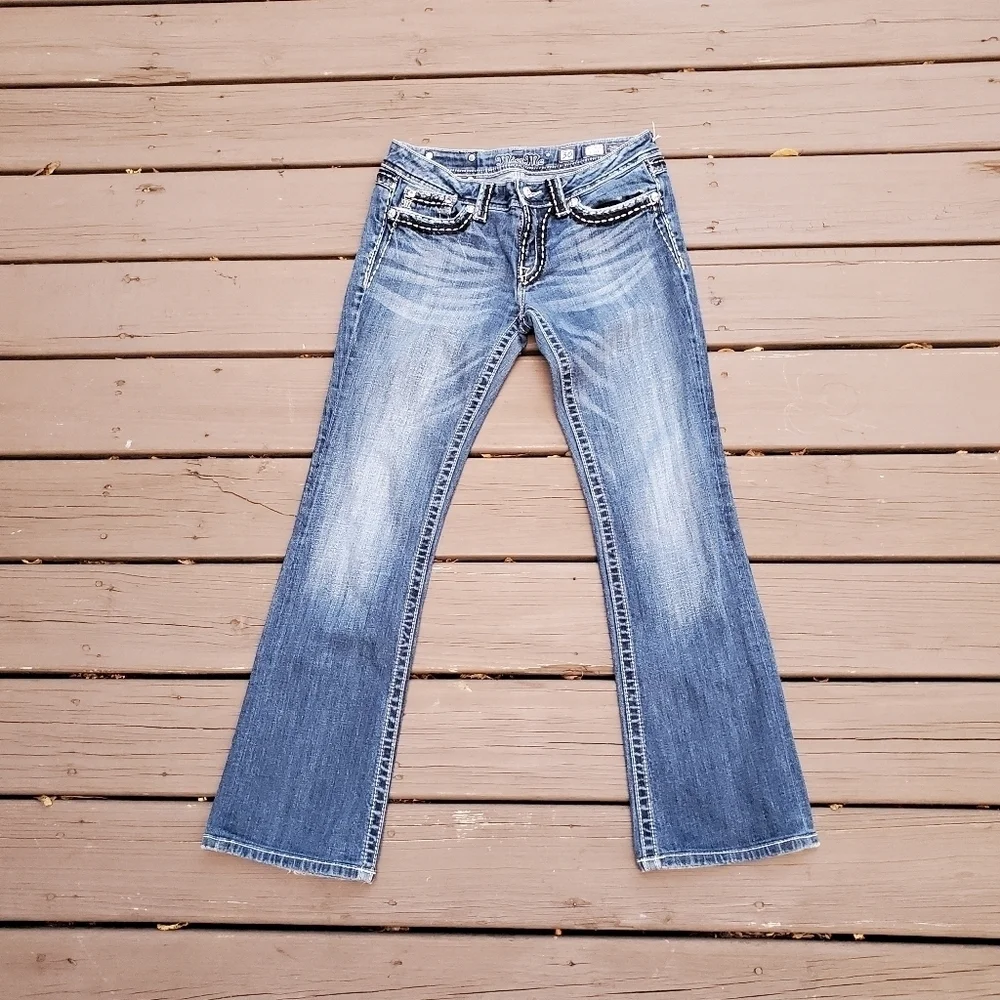 Miss Me Signature Buckle Mid-Rise Bootcut‎ Flare Embroidered Bling Stretch Jeans